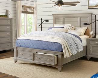 Upscale, five piece queen bedroom set. The set includes the bed with drawers two nightstands, a dresser and gentlemen‘s hutch pictured.