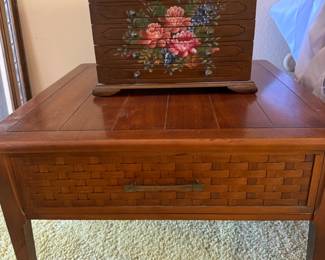 Cool hand painted wooden jewelry box on vintage side table
