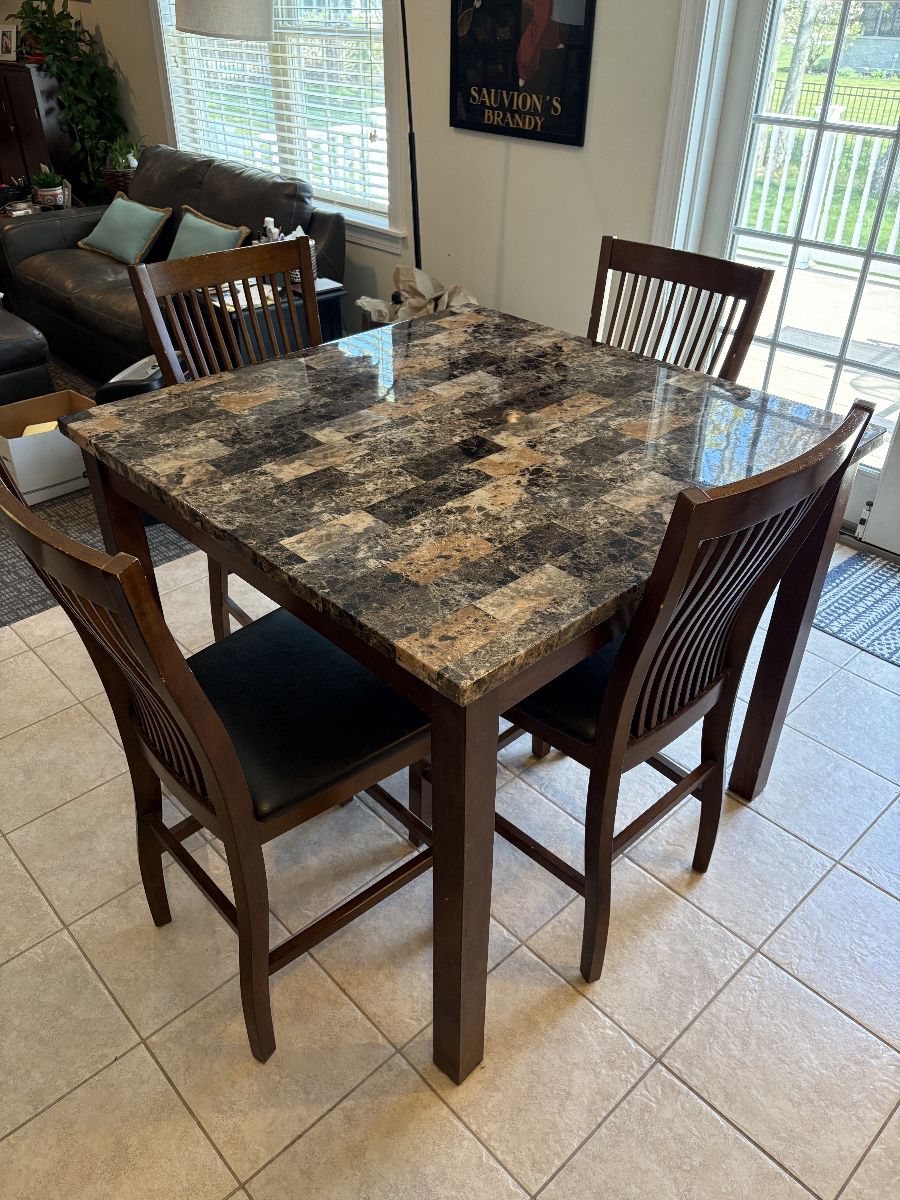 Counter height, dining set, faux marble top four slatted back chairs with cushion bottoms