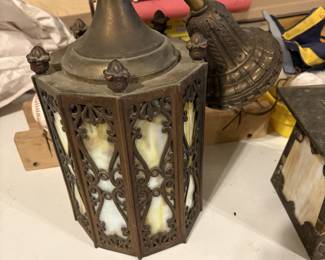 Gothic style hanging pendant, light fixture with slag glass panels
