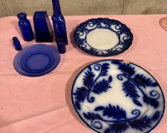 Flow blue plates & blue bottles