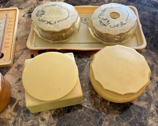 Art deco, amber glass powder jars with celluloid lids