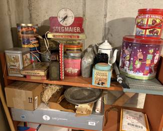 Large collection of vintage, large and small tins and advertising