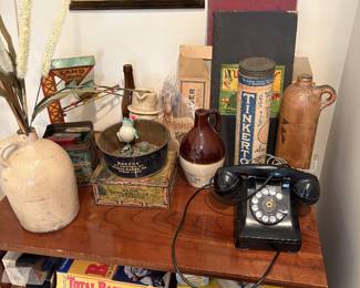 Rotary phone Wind up TIN toys Vintage games Antique crocks
