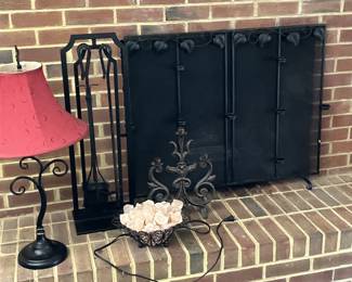Fireplace tools, screen, iron candle holder, iron lamp, salt rocks and bowl