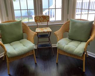 ratan chairs and vintage step stool