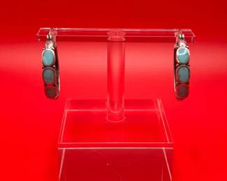 Vintage Sterling Silver And Turquoise Hoop Earrings