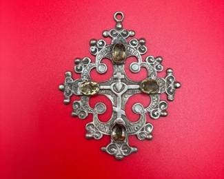 Vintage .800 Silver European Orthodox Cross Gemstone Pendant