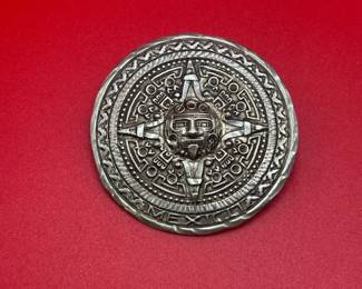 Vintage Mexico Sterling Silver Aztec Calendar Brooch