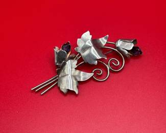 Vintage Sterling Silver Brooch With Gemstones