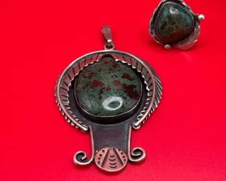 Amazing Mexico Sterling Silver And Stone RingPendant Set