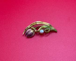 Vintage Art Nouveau 14K Solid Gold Enamel Flower Brooch