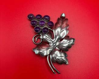 Vintage Mexico Silver Gemstone Leaf Brooch