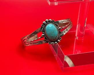 Vintage Sterling Silver Cuff Bracelet With Tuquoise Centerpiecer
