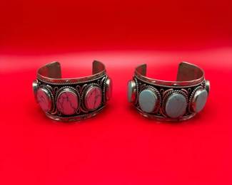Set Of Two  Vintage Mexico SS Large Cuff Bracelets
