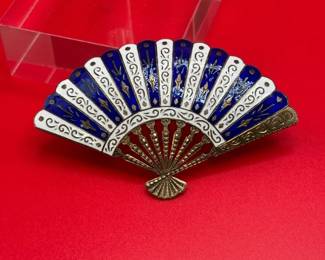 Vintage Sterling Silver Enamel Chinese Fan Brooch