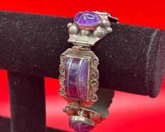 Mexico Sterling Silver Panel Bracelet With Amethyst