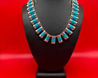 Vintage Mexican Sterling Silver And Turquoise Necklace And Earrings Set