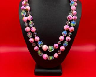 1950s Era Double Stranded Pink Wedding Cake Floral Beaded Statement Necklace And Earring Set