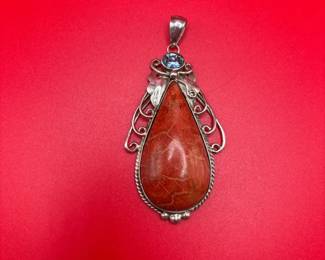 Sterling Silver Teardrop Red Sponge Coral Pendant