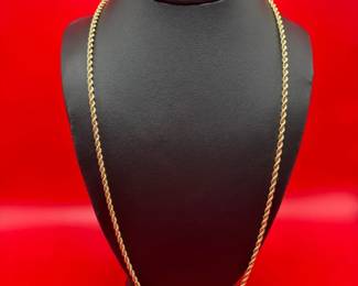 24 14K Yellow Gold Rope Chain With Barrel Clasp