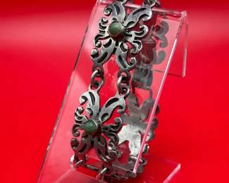 Vintage Mexico Silver Panel Bracelet With Green Round Stones