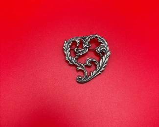 Vintage Art Nouveau Sterling Silver Flower Heart Brooch