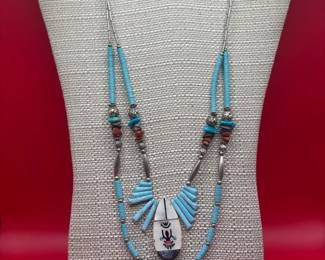 Vintage Southwestern Native American Turquoise And Silver Necklace