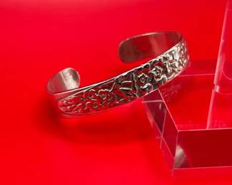 Heavy Sterling Silver Floral Patterned Cuff Bracelet