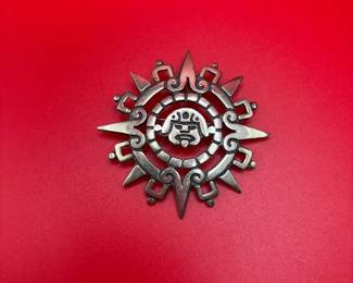 Vintage Mexico Sterling Silver Aztec Sun Brooch