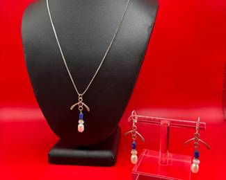 Pearl And Lapis Lazuli Earring And Pendant Set On Sterling Necklace