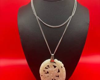 Vintage Chinese White Jade On 30 Sterling Cuban Link
