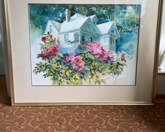 Framed Linda Griffin Watercolor Painting of a Victorian Cottage with Rose Garden
