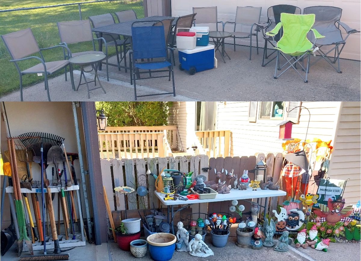 patio table and chairs, camping chairs, coolers, planters, garden decor, solar lights, cement statuary, lawn tools, holiday, gnomes, water cans