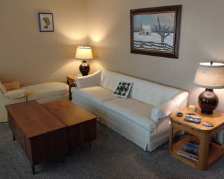 fainting couch, vintage cream couch, end tables, cedar chests