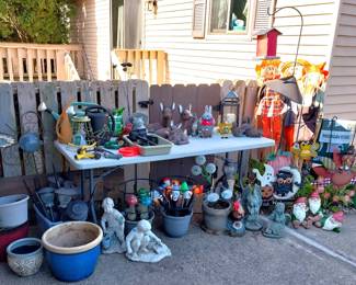 planters, garden decor, solar lights, cement statuary, lawn tools, holiday, gnomes, water cans, shepherd hooks