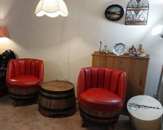 vintage barrel chair and table set, 1970’s boho rattan scalloped pendant lamp