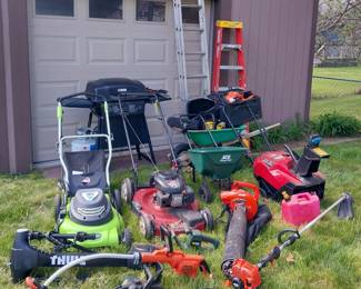 Craftsman chainsaw, MAC 3516 chainsaw, Echo CS-4910 chainsaw, Echo string trimmer, Echo leaf blower, American Gourmet grill, Greenworks electric push mower, Toro push mower, Ace yard spreader, wheelbarrow, Toro snow blower, Black and Decker string trimmer, Black and Decker 13” hedge trimmer, ladders