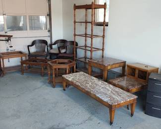 marble top coffee and end tables, wicker bottom coffee table with end tables and shelf, grain scale