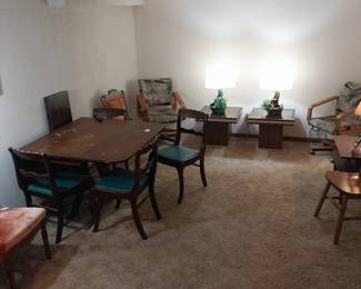 liar chairs, drop leaf duncan fife table and chairs, mirrored end tables, MCM “planter” lamps