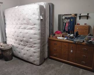 vintage chest of drawers w/mirror and nightstand,  King mattress, King mattress and split box spring