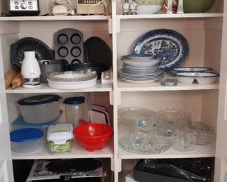 wine rack, enamel canners, food network roasting pan and rack, Church hill blue dishes and service ware, Wilton bake ware, Oster hand mixer and blender