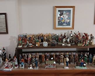 DECANTER FIGURINES: Cyrus Noble, Teddy Roosevelt, Elvis, Pancho Villa, Caesar’s Palace, Charles Lindbergh, English Tavern, Delta Saloon, Jenny’s D&D, Black Bart, Will Rogers, Mark Twain, Robert E Lee, Calamity Jane, Bat Masterson, Okolehao, Disney, foil Mickey Mouse prints