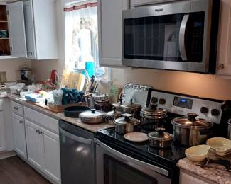 copper pot and saucepan, PlexCore stainless pots, Cookie Monster cookie jar, Pyrex, Corning Ware, 4pc place setting Corelle, pottery mugs, Fiesta Ware, enamel canners, food network roasting pan and rack, Church hill blue dishes and service ware, Wilton bake ware, Oster hand mixer and blender