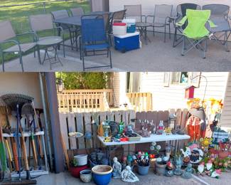 patio table and chairs, camping chairs, coolers, planters, garden decor, solar lights, cement statuary, lawn tools, holiday, gnomes, water cans