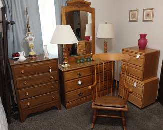 oak dresser w/mirror, lamps, nightstands, wooden rocker