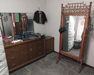 bamboo floor standing mirror, dresser with mirror, fur shrug