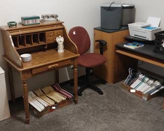 Roll top desk, office chair, office desk, hamper, paper shredders, HP DeskJet Plus 4100 printer, hangers