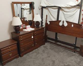 queen bed, queen cherry headboard w/frame, cherry dresser w/mirror and nightstand, lamps