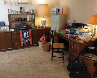 desk with drawers, Hitchcock chair, file cabinet, Detroit Tigers, Sharp boombox, office supplies, survival back pack, Dvds, mid century lamp